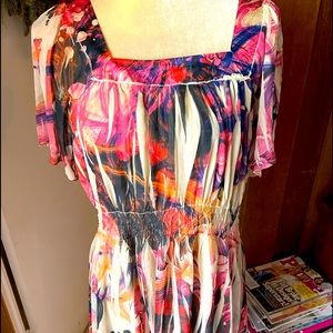 New Style & Co Crinkle Multi Color Long Top Size L